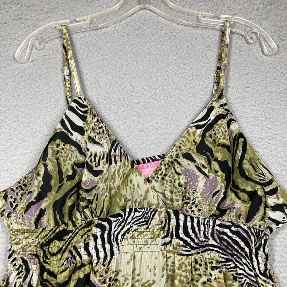 She's Cool Midi Sun Dress Womens Juniors XL Green Zebra Print‎ Babydoll Lined - Picture 2 of 14